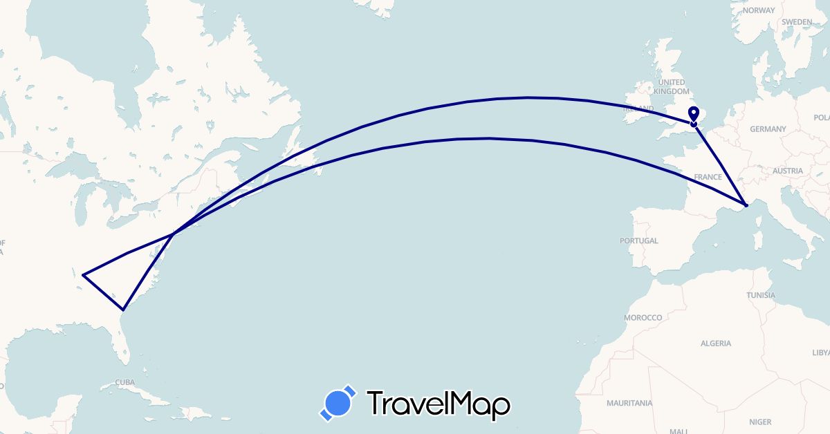 TravelMap itinerary: driving in France, United Kingdom, Monaco, United States (Europe, North America)
